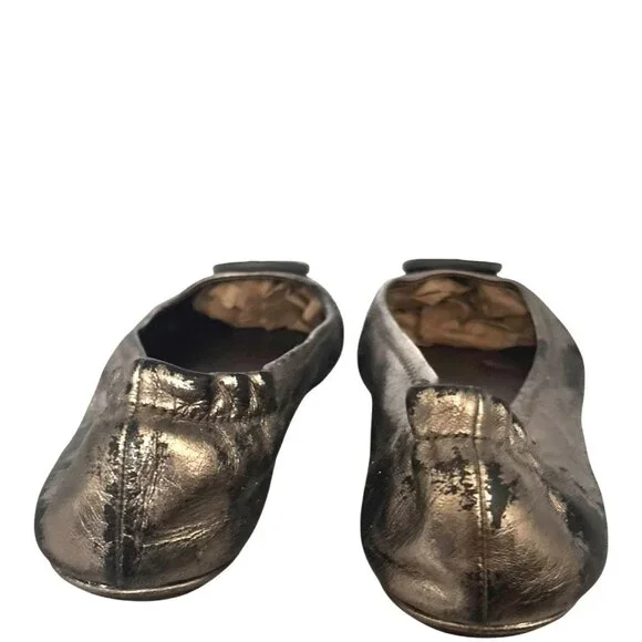 Tory Burch Minnie Leather Ballet Flats 8 Pewter Grey Metallic Double T Logo - Picture 9 of 10